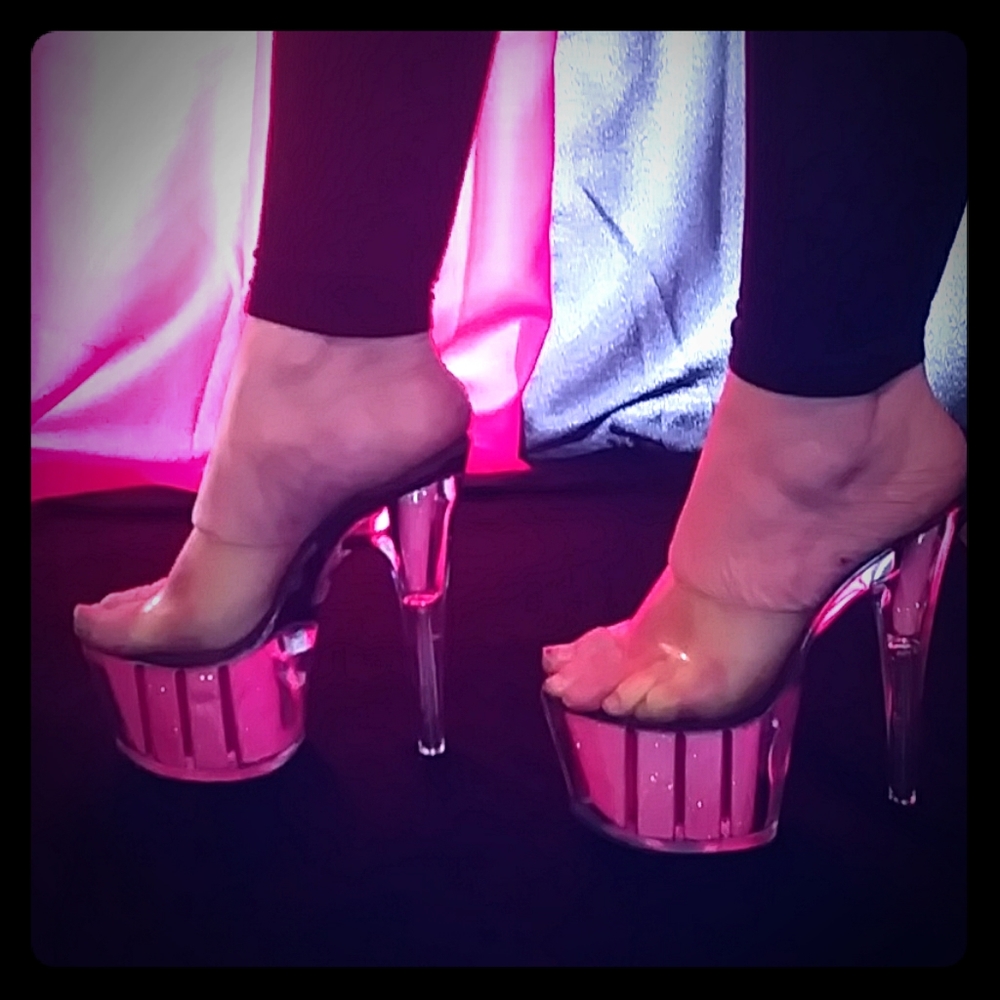 Neon pink glitter platform heels